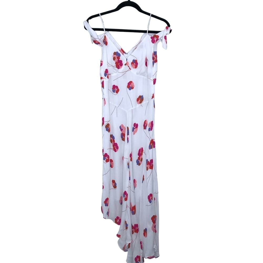 New Lewit Size 4 White Pink Tie Sleeve Cold Shoulder Floral Midi Dress Cocktail